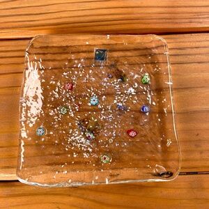 Amici Italian Art Glass Trinket Dish with Fused Millefiori Flowers, Hand Blown